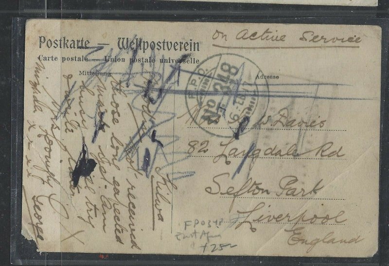 BRITISH EAST AFRICA COVER (P2612B) 1917 STAMPLESS PPC FPO 348 SENT TO ENGLAND