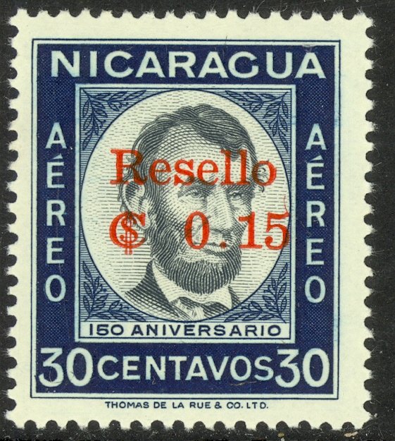 NICARAGUA 1964 15c on 30c Surcharged ABRAHAM LINCOLN Airmail Sc C539 MNH