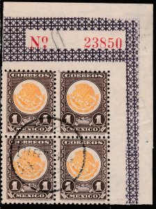 MEXICO 719, $1P COAT OF ARMS 1934 DEFINITIVE BLOCK OF FOUR.USED. F-VF. (80)