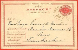 aa1805  - SWEDEN - Postal History -  STATIONERY  CARD to FRANCE  1890