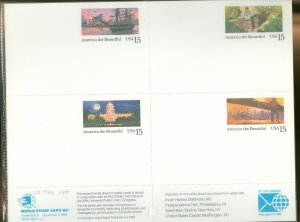 US UX142a 1989 sheetlet of 4 america the beautiful postal cards, issued for world stamp expo., unused