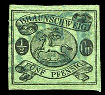 German States, Brunswick #6 (Mi. 10) Cat€500, 1863 1/2sgr black on green, b...