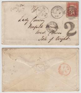 GREAT BRITAIN 1863 Sc 20 ON COVER NOTTINGHAM 583 TO WEST COVER, ISLE OF WRIGHT