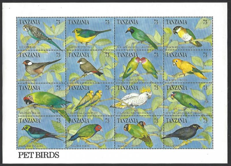 Tanzania #771 MNH Full Sheet of 16 Pet Birds