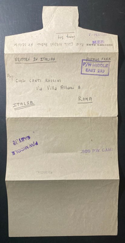 1945 Egypt Prisoner Of War MEF POW Camp 309 Letter Sheet Cover To Rome Italy