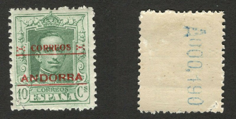 SPANISH ANDORRA - SPAIN - MH STAMP, 10 Cs - DAMAGED - OVERPRINT - 1928.
