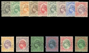 Malaya - Perak 1935 Sultan Iskandar set perforated SPECIMEN vfm. SG 88s-102s.