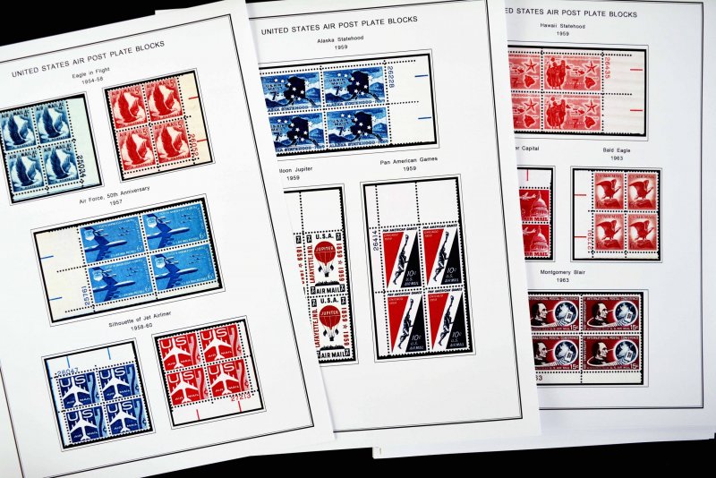 COLOR PRINTED USA AIRMAIL PLATE BLOCKS 1918-2012 STAMP ALBUM PAGES (50 il pages)