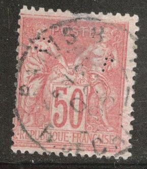 FRANCE Scott 101 Used 1890 Peace & Commerce perfin CV$ 3.25