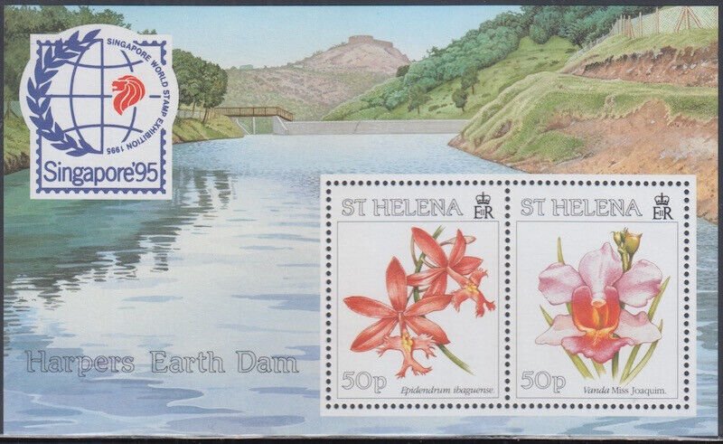 ST HELENA Sc #660 CPL MNH S/S of 2 DIFF- SINGAPORE '95 STAMP EXHIBITION, ORCHIDS