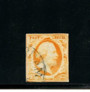 Netherlands #3 (N262) King William III 15c orange yellow, Used, F-VF, CV$130.00