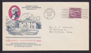 US Planty 727-1 FDC. 1933 3c Washington's Headquarters, Linprinct color cachet