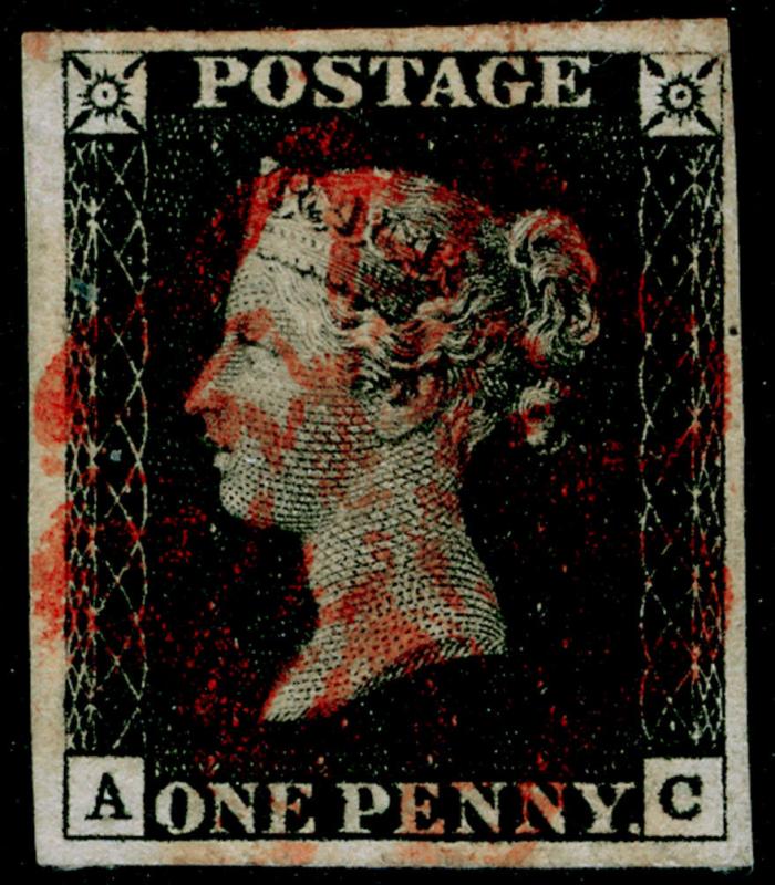 SG2, 1d black PLATE 4, FINE USED. Cat £400. RED MX. 4 MARGINS. AC