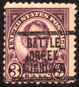 1923, US 3c, Lincoln, Used, Battle creek precancel, Sc 555