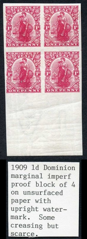 New Zealand 1d Dominion Imperf Proof on unsurfaced Watermarked paper