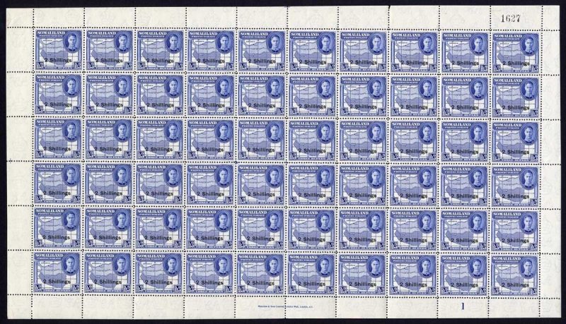 Somaliland Protectorate KGVI SG134 2/- on 3r Bright Blue COMPLETE sheet (60) U/M