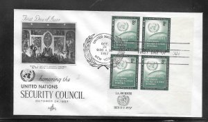 United Nations #56 FDC Inscription Block of 4 Artcraft Cachet (my4444)