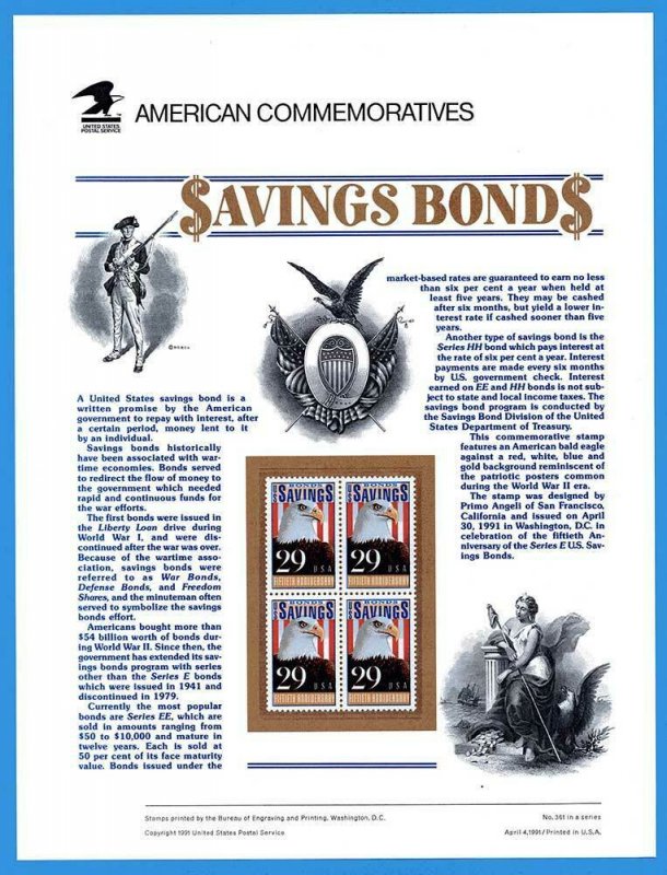 USPS COMMEMORATIVE PANEL #361 SAVINGS BOND #2534