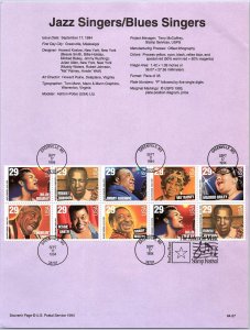 USPS SOUVENIR PAGE FAMOUS JAZZ SINGERS / BLUES SINGERS PANE OF (10) 1994