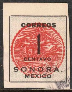 MEXICO 394, 1¢ SONORA COACH SEAL. USED. F-VF. (510)