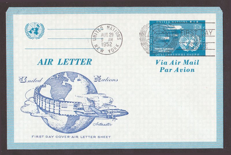 UNITED NATIONAL AIR LETTER SHEET FDC ARTMASTER 10C 1952