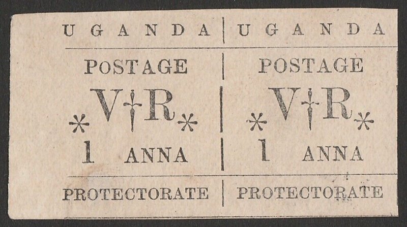 UGANDA 1896 type-set 1a thin '1' se tenant pair, variety small 'o' in POSTAGE.