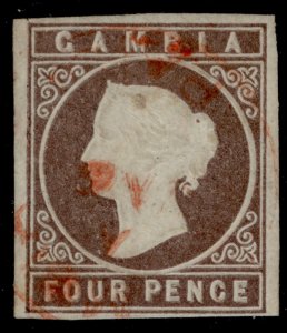 GAMBIA QV SG2, 4d pale brown, FINE USED. Cat £200.