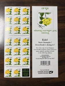 Scott 3049 32c Yellow Rose Booklet of 20 S1111 “Start Stampin” Back Cat $13