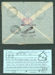 ARGENTINA1931 PANAGRA 1st FLIGHT TO US...REGISTERED COVER