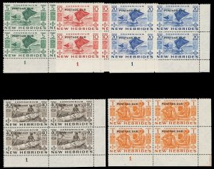 New Hebrides 1953 QEII Postage Due set in Plate blocks superb MNH. SG D11-D15.