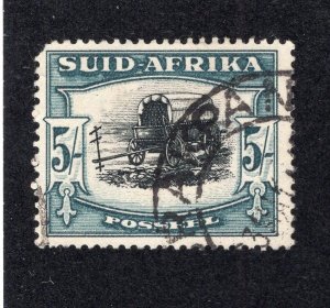 South Africa 1949 5sh Ox Wagon, Scott 65b used, value = $4.00