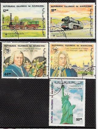 Mauritania 1985 Set of 5:   Locomotives, Bach, Handel, Statue of Liberty