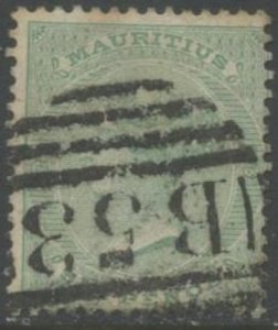 MAURITIUS Sc#37 1865 Victoria 6p Blue Green Wmk. 1 Crown & CC Used