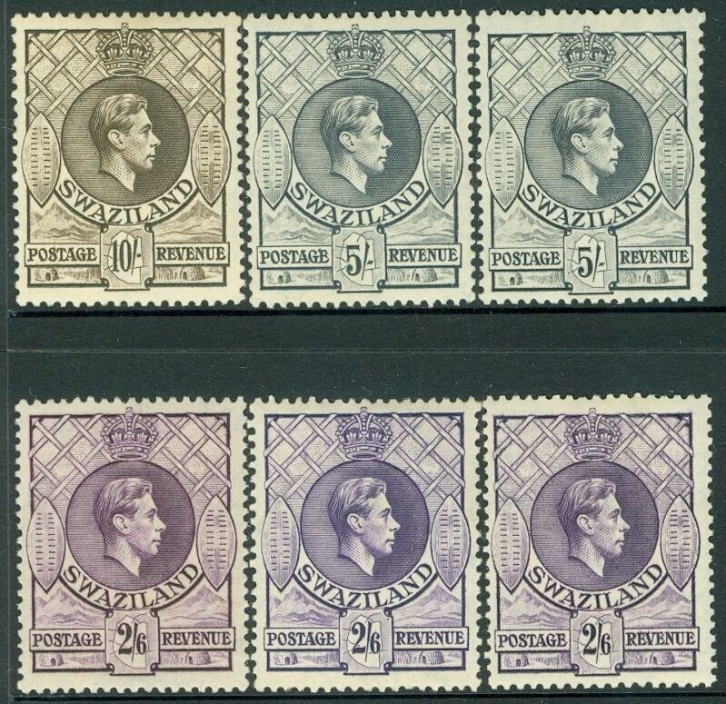 SWAZILAND : 1938-54. Stanley Gibbons #36, 36a, 36b, 37a, 37b, 38. MOGH Cat £266.