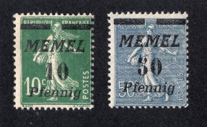 Memel 1922 15pf on 10c & 30pf on 50c Surcharges, Scott 53, 59 MH, value = 50c