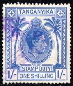 1950 Tanganyika 1 Shilling Stamp Duty King George VI Used