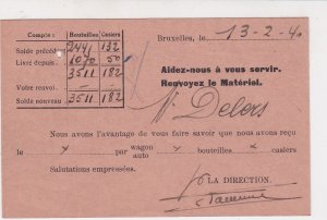 Brasserie Leopold 1940 Anonymous Society Invoice Postal Card Ref 31086