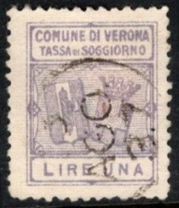 1930's Italy Local Revenue 1 Lire Municipality Of Verona Tourist Tax Used