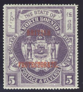 North Borneo 1901 BRITISH PROTECTORATE ovpt $5 dull purple MLH. SG 144. Sc 150