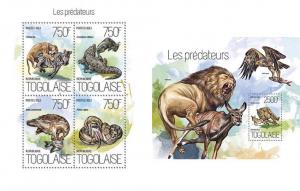 Predators Raubtiere Birds Reptiles Cats Snakes Animals Fauna Togo MNH stamp set