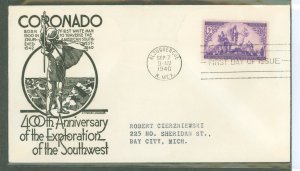 US 898 1940 400th anniversary of the coronado expedition of exploration on an addressed, typed fdc with an anderson cachet