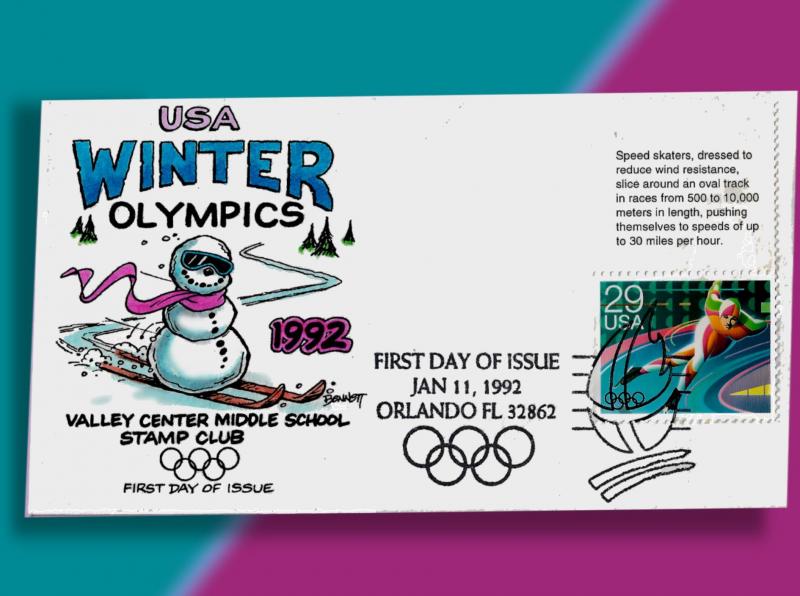 Skiing Snowman on Handcolored 1992 Winter Olymics FDC - Speed Skater Single