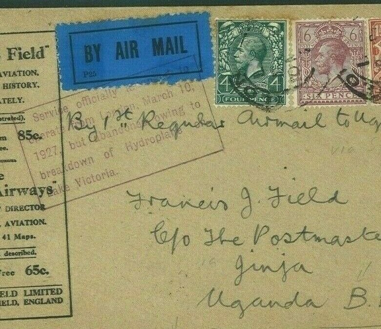 GB KGV Cover 1927 Uganda AIR CRASH MAIL Superb Rare HYDROPLANE Explanatory U25b