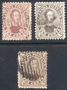 Canada 1862 10c Brown 3 shades SG 36-38 Scott 17,17a&17b VFU Cat £240($316)++