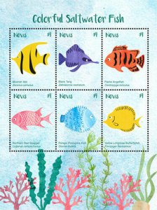 Nevis 2018 - Colorful Saltwater Fish - Sheet of 6 Stamps - Scott 1954 - MNH