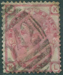 Great Britain 1873 SG144 3d pale rose QV plate 19 LKKL FU