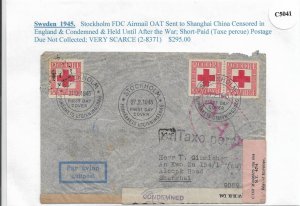 Stockholm, Sweden to Shanghai 1945 FDC Airmail, Censored (see descrip.) (C5041)