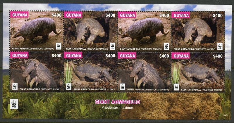 GUYANA  2017  WWF WORLD WILDLIFE FUND GIANT ARMADILLO  SHEET(8)  MINT NH