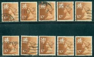 GREAT BRITAIN WALES SG-W28/29, SCOTT#  WMMH-13, USED, 10 STAMPS, GREAT PRICE