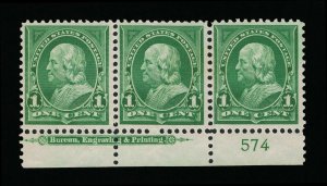 GENUINE SCOTT #279 F-VF MINT OG NH 1898 PLATE #574 & FULL BEP IMPRINT STRIP OF 3